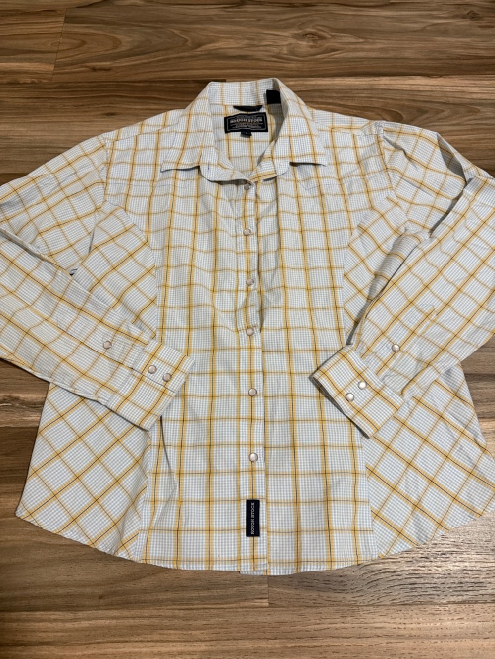 Rough Stock Panhandle Slim L/S Pearl Snap Shirt Yellow Blue Plaid Men’s Sz. L